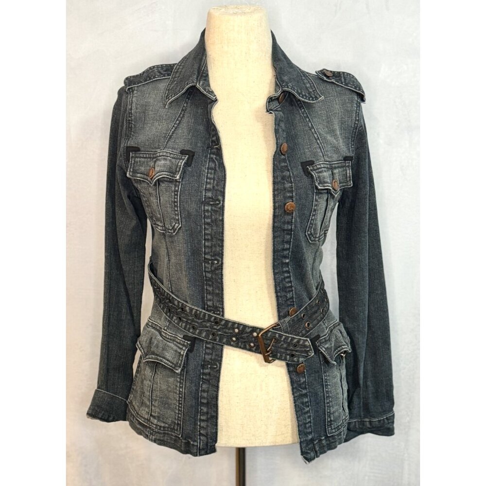 Vigoss Jeans Y2K Denim Metal Eye Belt Military Bikercore Dark Blue Small Jacket